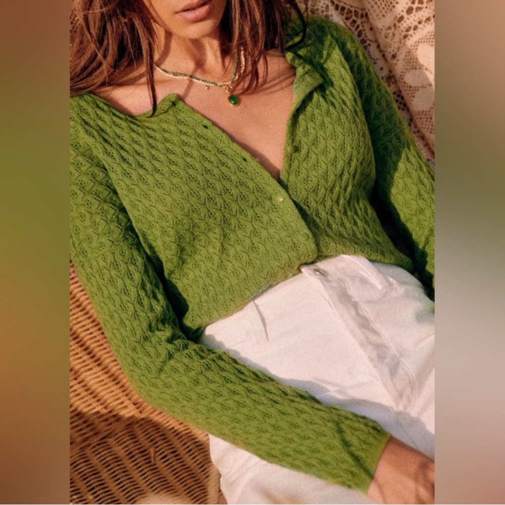 Sezane Adela Green Knit Cardigan Sweater Long Sleeve